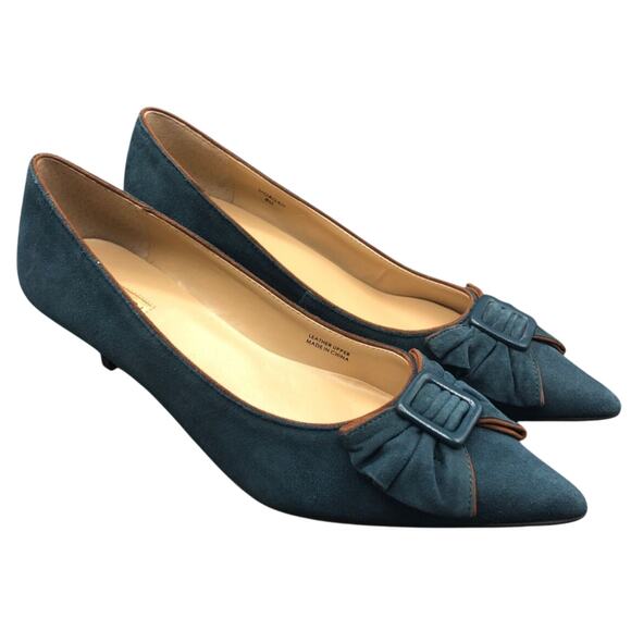 Tahari Shoes Womens 8 M Morgan Teal Suede Patent Leather Pointed Toe Bow Top - Picture 1 of 14